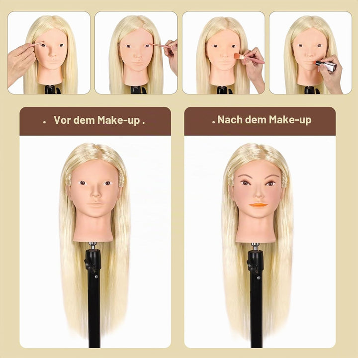 Frisierkopf Echthaar, TopDirect 66cm/26 Zoll 70% Echtes Haar Ubungskopf Friseur Trainingskopf mit Fl