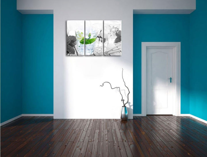 Pixxprint Mojito-Gläser mit Minze B&W Detail 3-Teiler Leinwandbild 120x80 Bild auf Leinwand