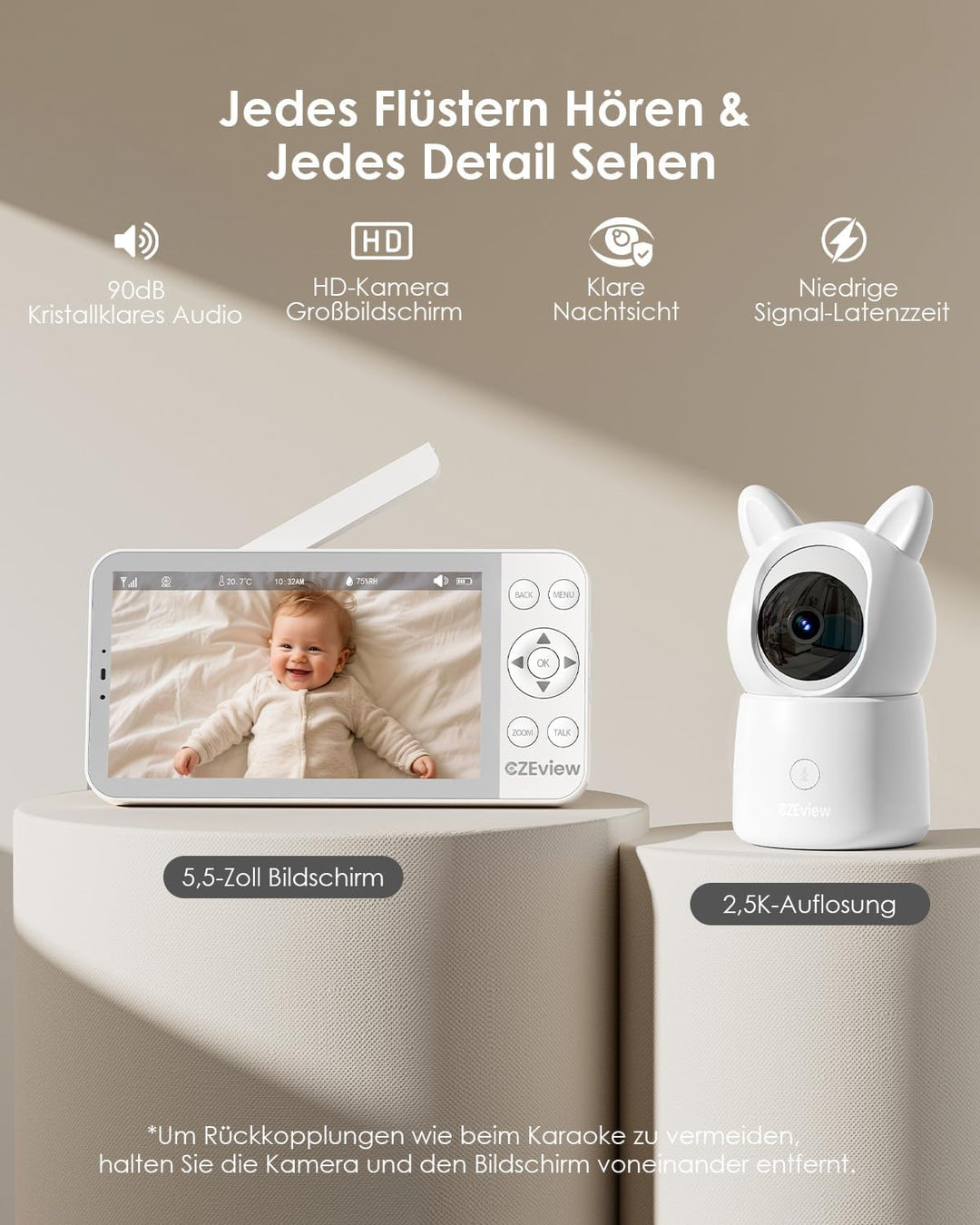 5.5" Babyphone mit Kamera und APP, 2K HD, Nachtlicht Ohren, Nachtsicht, WLAN Video Babyfon, Musik, B