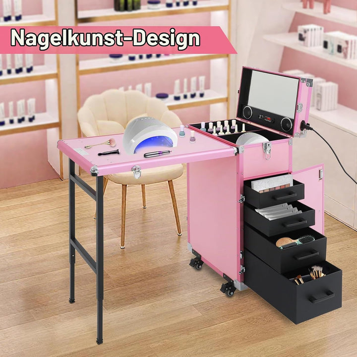 Nageltisch Maniküretisch, Faltbar Mobile Rolling Maniküre Tisch mit Fernbedienung und Make-up-Zug Ko