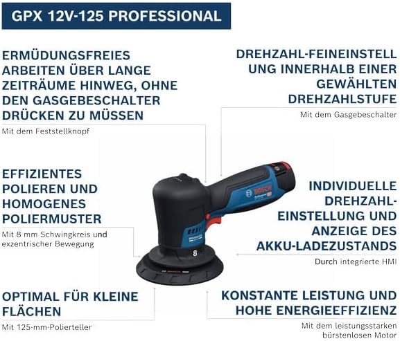 Bosch Professional 12V System Akku-Polierer GPX 12V-125 (inkl. Baretool mit montiertem 125 mm Klett-