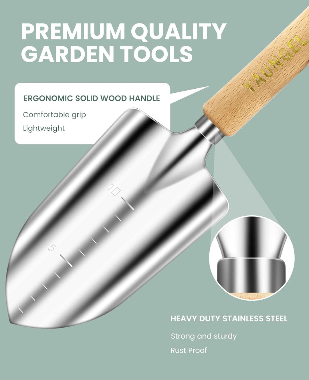 YAUNGEL Gartenwerkzeug Set, 10 Stück Schwerlast Edelstahl Gartenarbeit Kit, Gartengeräte Set mit Non