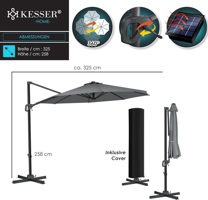 KESSER® Sonnenschirm Ampelschirm Sun Rund XL Ø330 cm Inkl. Abdeckung + Windsicherung 7-Fach Verstell