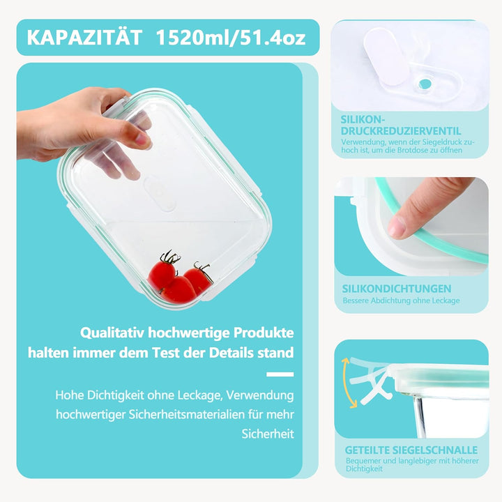 ERUIV Glasbehälter Mit Deckel (6 Stück),1520ML Lebensmittelkonservierung Meal Prep Boxen Glas, Kann