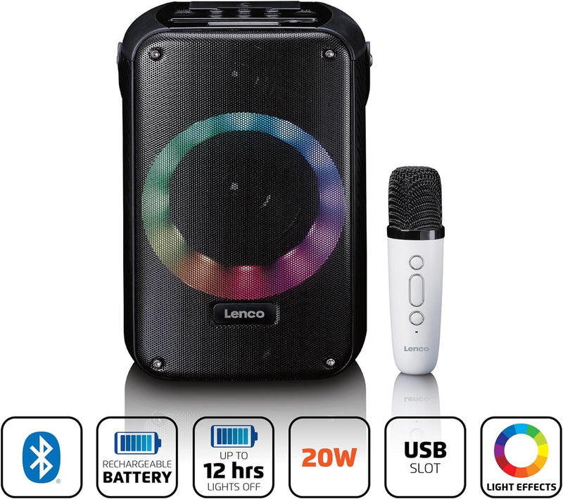 Lenco BTC-060BK - Karaoke-Set mit Bluetooth®, wiederaufladbarem Akku, drahtlosem Karaoke-Mikrofon un