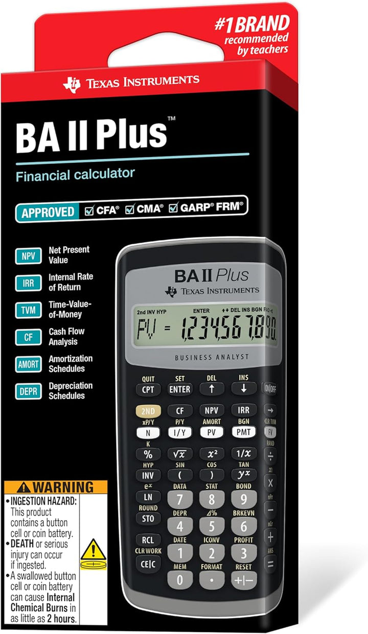 Texas Instruments BA II Plus Taschenrechner (Hosentasche, finanziell, Schwarz, Knöpfe, Akku)