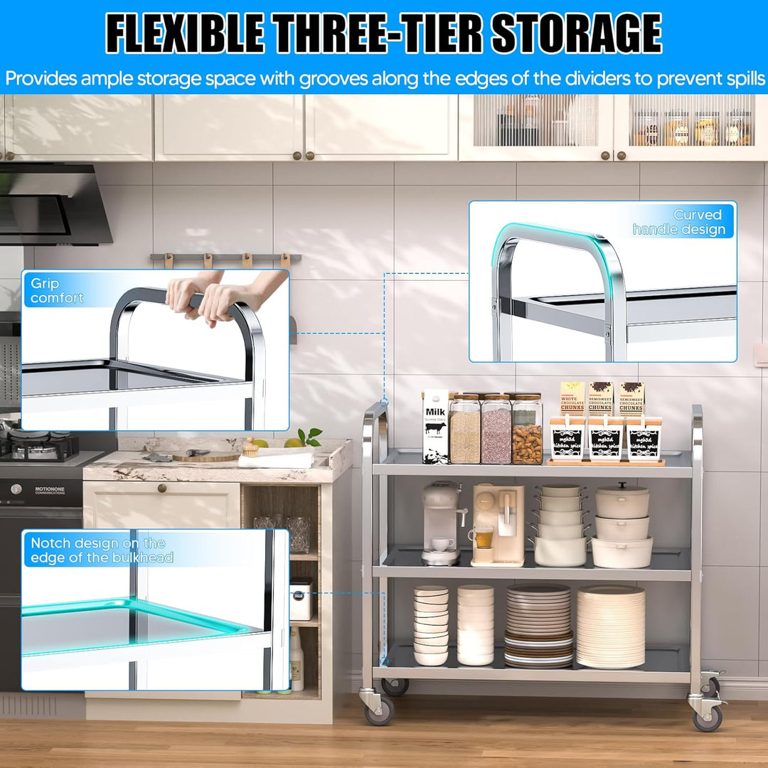 3-stufiger Catering Servierwagen, Edelstahl Küchen-Esswagen 95x50x95 cm, geräuschlos rollend, für kl