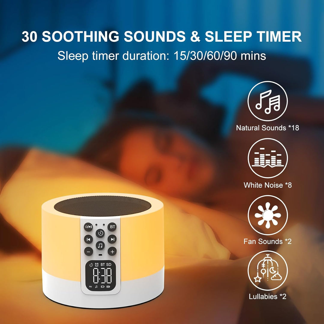 Bluetooth Lautsprecher mit Licht und Digital Wecker, White Noise Machine, Touch Dimmbares Nachtlicht