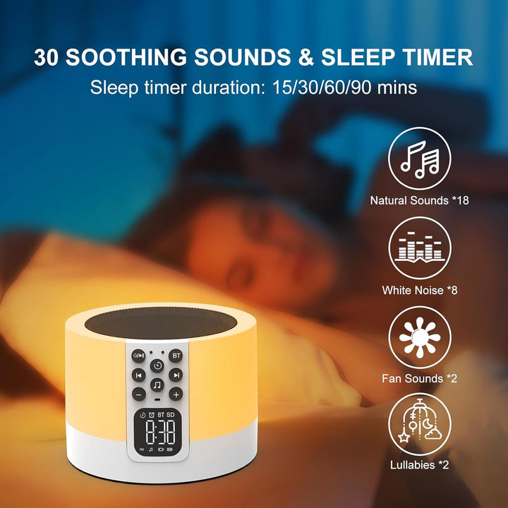 Bluetooth Lautsprecher mit Licht und Digital Wecker, White Noise Machine, Touch Dimmbares Nachtlicht