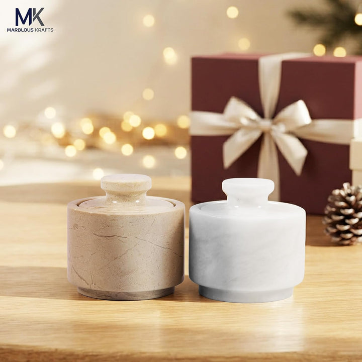 MARBLOUS KRAFTS Marmor-Salzkeller mit Deckel, 7,6 cm, Weiss und Verona Salzhalter, ideale Zucker-, S
