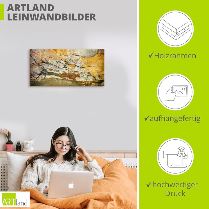ARTland Leinwandbild Wandbild Bild auf Leinwand 60x30 cm Wanddeko Steinzeit Tiere Stier Ocker Antik