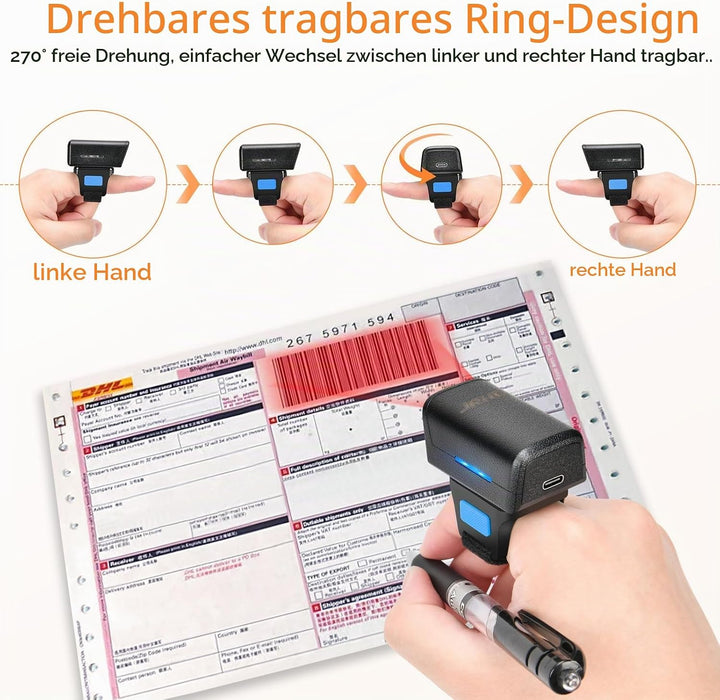JRHC 1D 2D Bluetooth tragbarer Ring Barcode Scanner, tragbarer Mini Barcode-Barcode-Leser mit 2,4-GH
