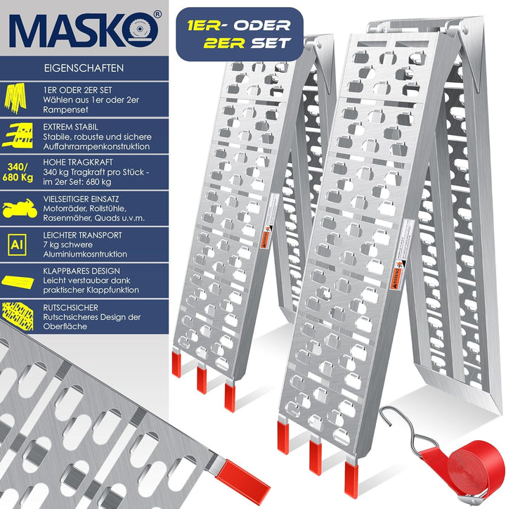 Masko® Auffahrrampe 340kg Faltbare ALU Verladerampe Max 680kg* Pro Paar Verladeschiene Antirutsch Kl