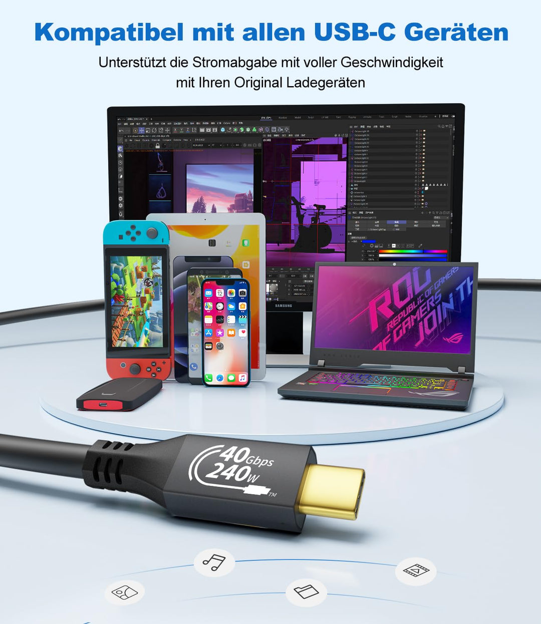 Zertifiziert 240W USB4 Kabel, Kompatibel mit Thunderbolt 4 100W, 40Gbps USB C Kabel, PD 3.1 140W 240