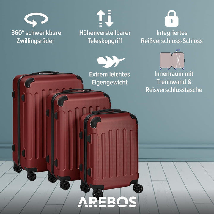 Arebos Reisekoffer 3er Set I ABS-Hartschale I Trolley Kofferset I Teleskopgriff I Inkl. Reissverschl