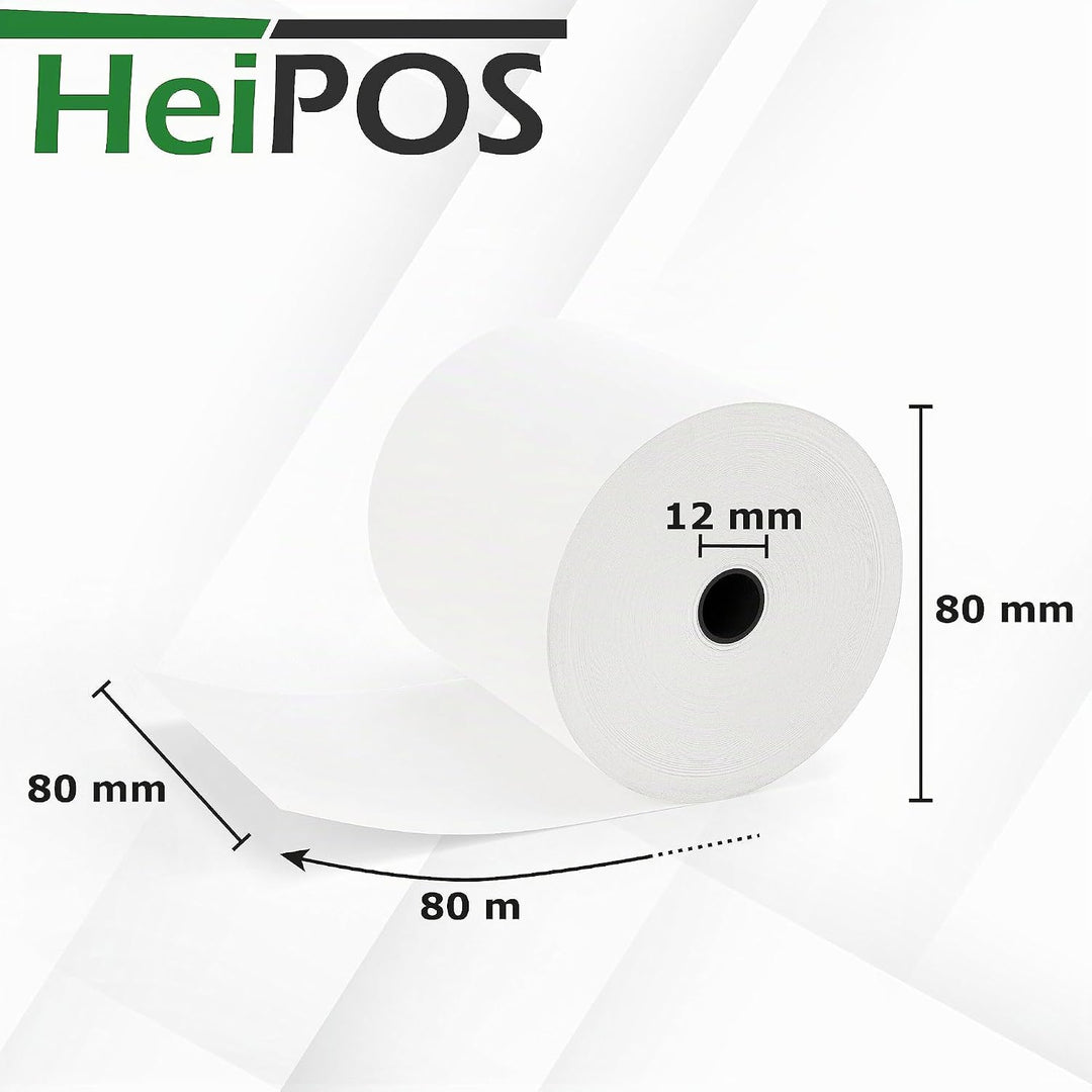 HeiGroup - HeiPOS 20x Thermorollen BPA frei (B/Ø) 80mm / 80mm - Länge 80m, Kern Ø 12mm, Flächengewic