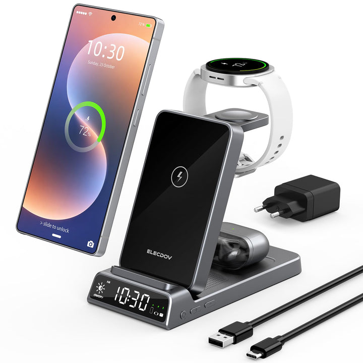 Wireless Charger für Samsung Ladestation 3 in 1 mit Uhr für Samsung Galaxy S26/S25/Z Fold 7/Flip 7/B