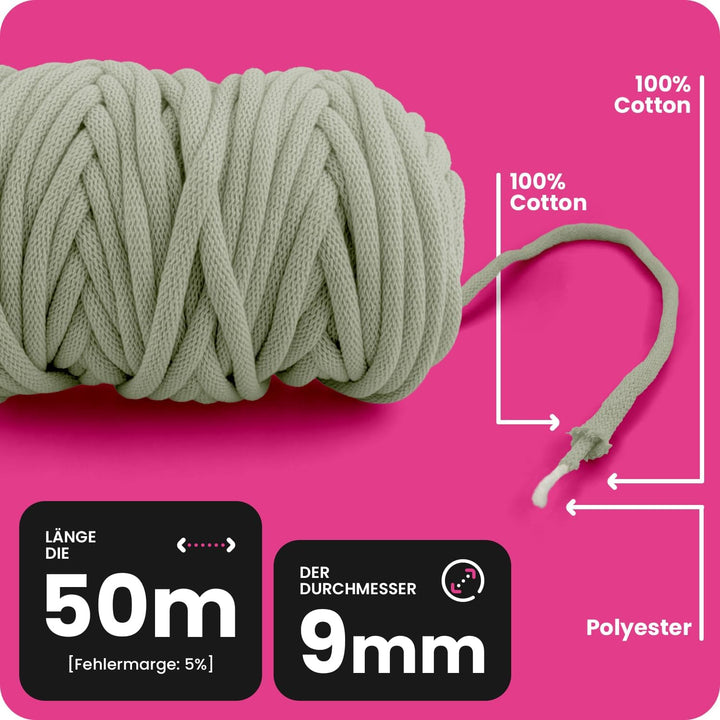 Netuno 1x Makramee Garn Olivengrün 9 mm 50 m Baumwollkordel mit Polyesterkern Dickes Garn Makramee K