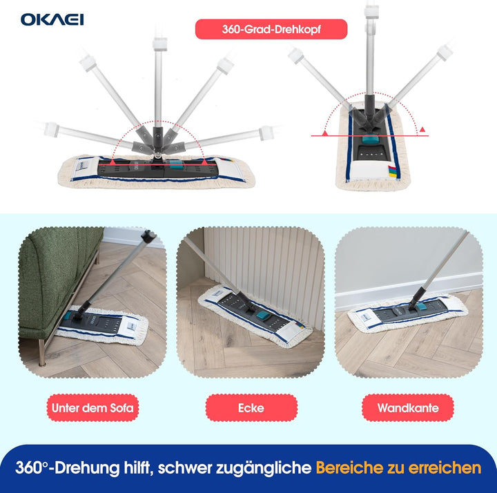 OKAEI Mophalter 50 cm + Alu Teleskopstiel 80–145 cm – Set – Profi Bodenwischer-System mit 360° Drehk