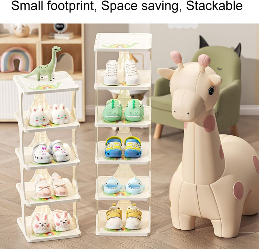 Schuhregal Kinder Verstellbar, 6 Stöckige Schuhregal Schmal und Hoch, Shoe Rack Weiss mit Dinosaurie