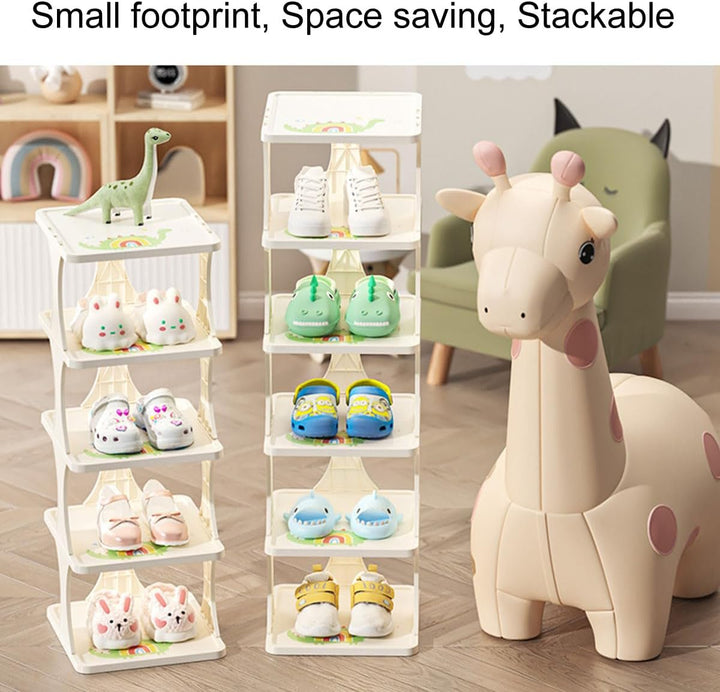 Schuhregal Kinder Verstellbar, 6 Stöckige Schuhregal Schmal und Hoch, Shoe Rack Weiss mit Dinosaurie