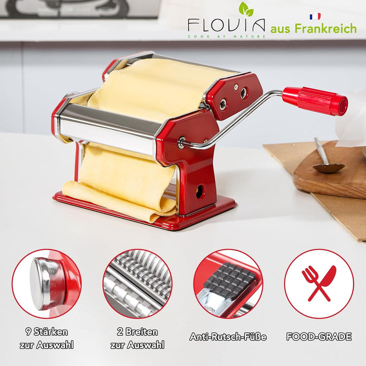 Pastamaschine aus Edelstahl, manuelle Nudelmaschine mit 9 Teigstärken & 2 Schnittbreiten für Spaghet
