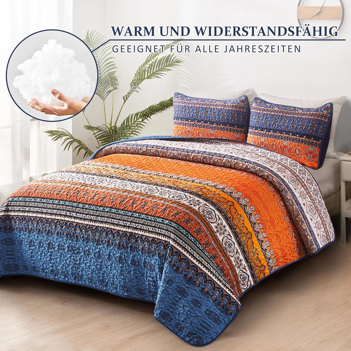 WONGS BEDDING Tagesdecke 220x240 Bettüberwurf Boho Decke Steppdecke 3 Teilig Doppelbett Gesteppt Bet