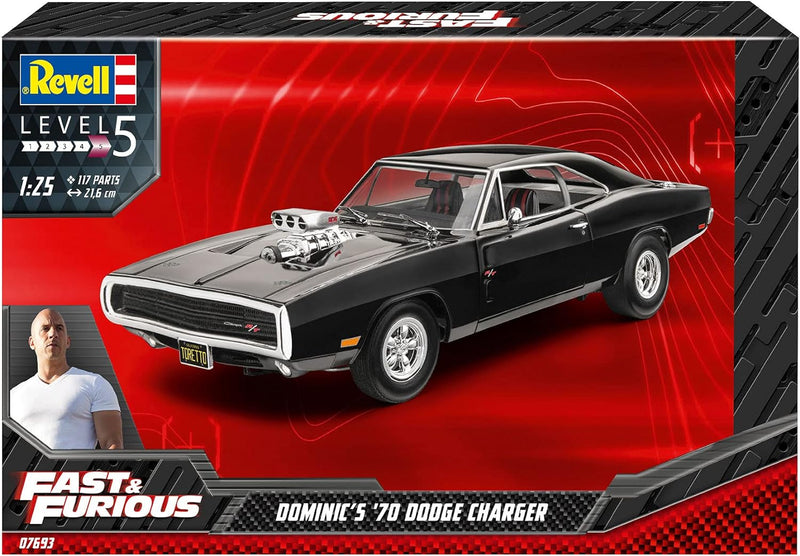 Revell 07693 Dominics 1970 Dodge Charger, Automodell 1:25 zu der bekannten Filmreihe, 21,6 cm The Fa