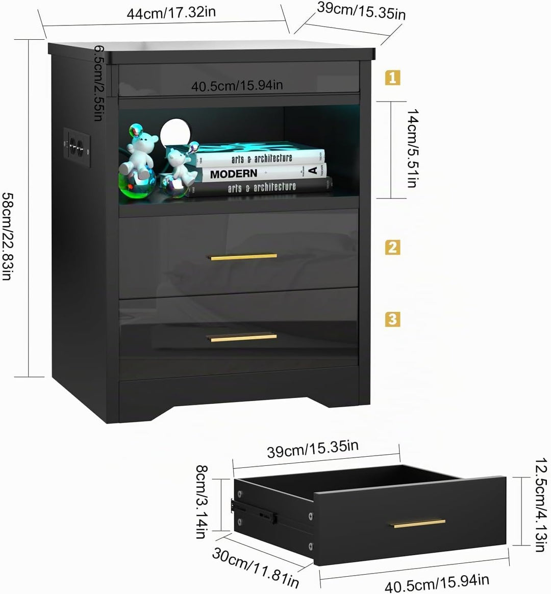 PIPIPOXER LED Nachttisch mit Steckdose, Nachttisch in Schwarz mit grossen Stauraum, Nachtschrank Led