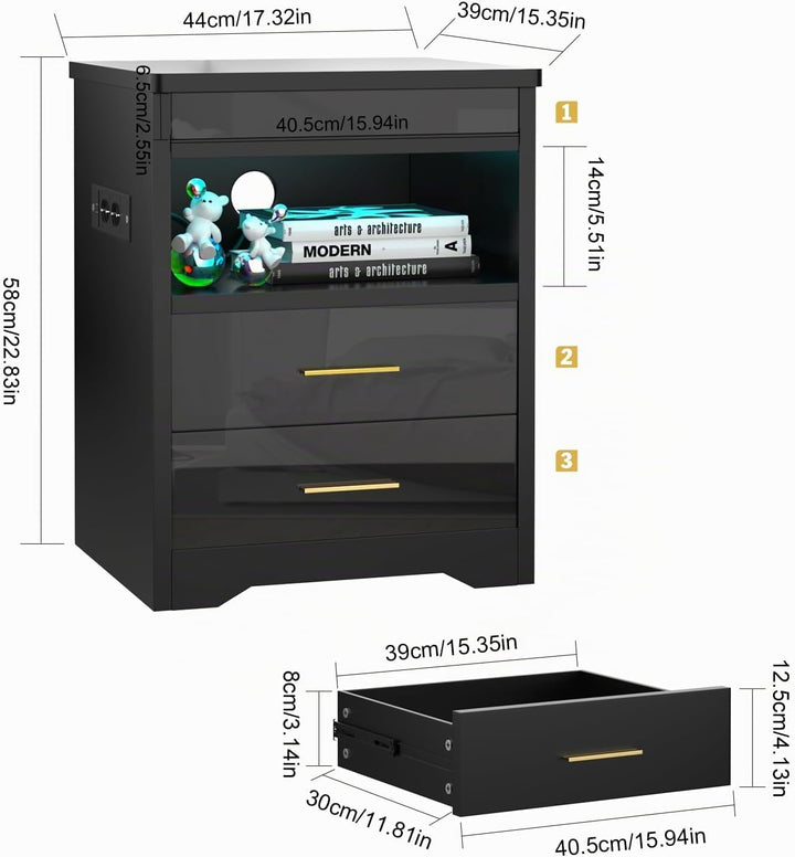 PIPIPOXER LED Nachttisch mit Steckdose, Nachttisch in Schwarz mit grossen Stauraum, Nachtschrank Led