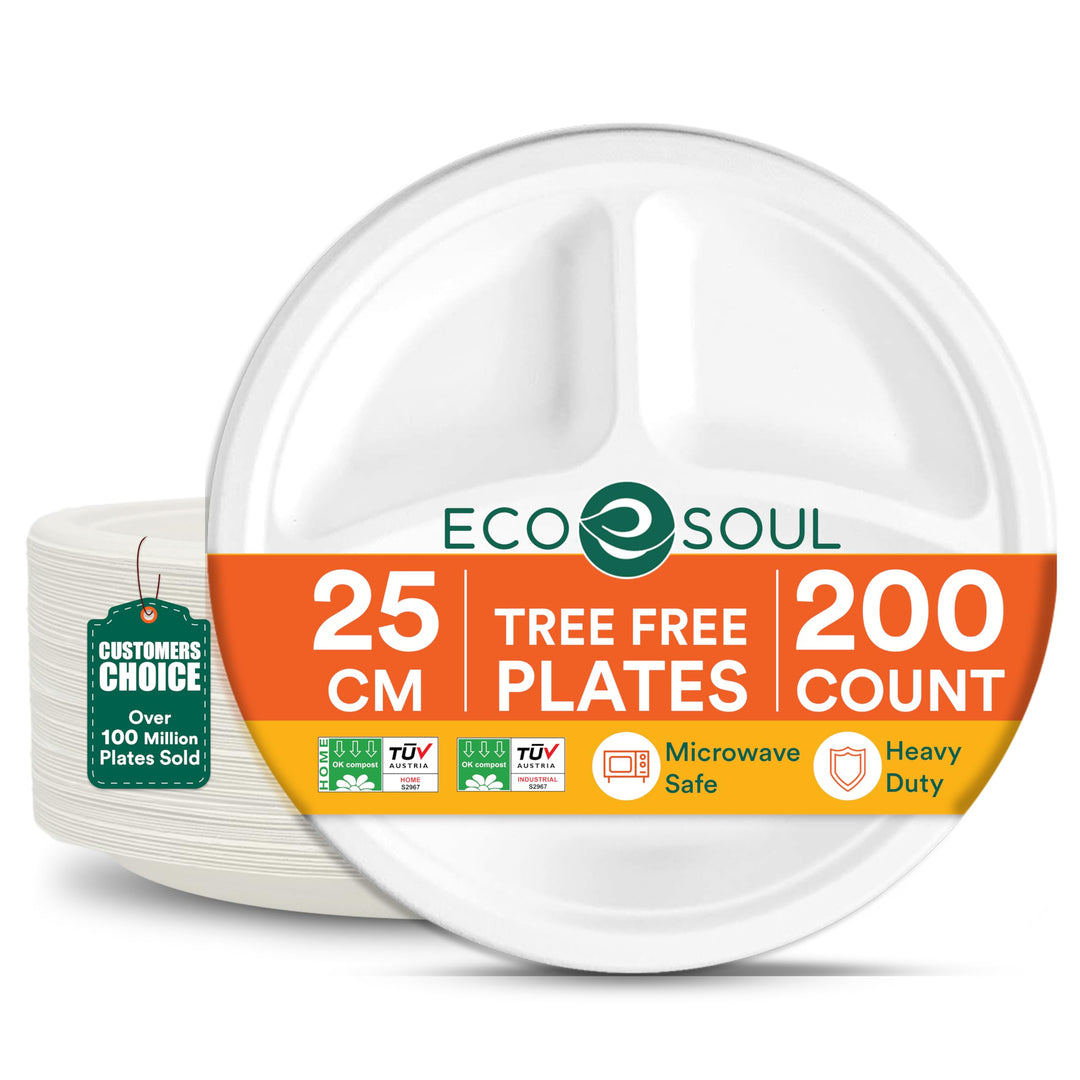 ECO SOUL 25 Cm (10 Zoll) Kompostierbare weisse Teller 3-geteilt (200 Stück) | 100% Biologisch Abbaub