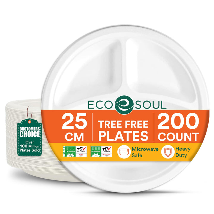 ECO SOUL 25 Cm (10 Zoll) Kompostierbare weisse Teller 3-geteilt (200 Stück) | 100% Biologisch Abbaub