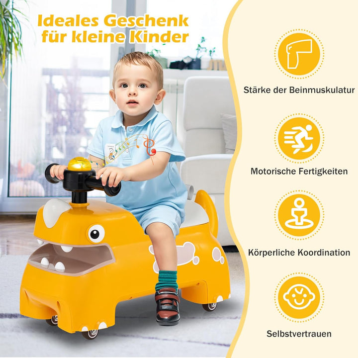 DREAMADE Rutschauto, Dinosaurier Rutschfahrzeug mit Hupe, Musik, Lichtern, Stauraum unter dem Sitz &