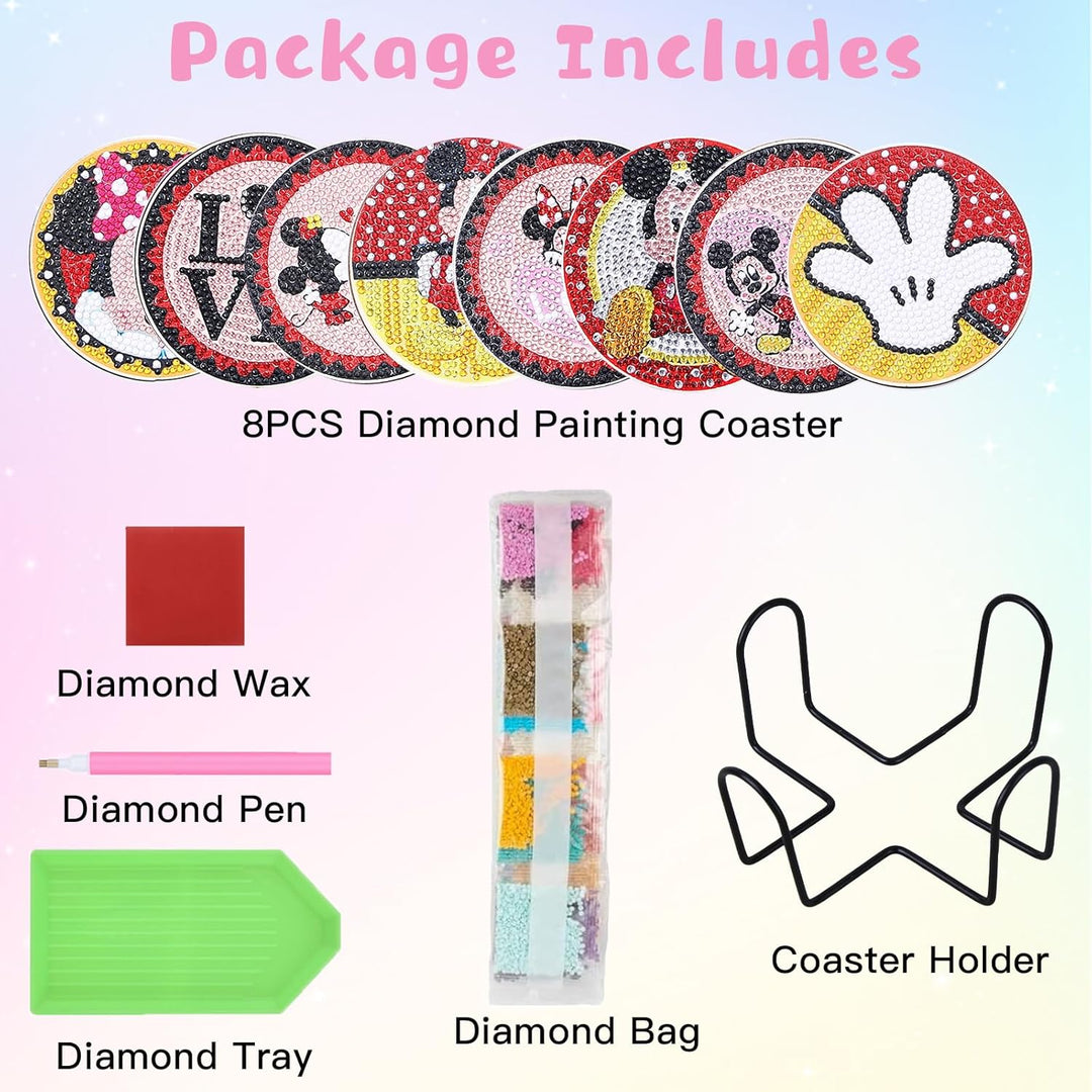 8 Stück Diamant Malerei Untersetzer mit Halter, DIY Mickey Minnie Malsets für Erwachsene und Kinder