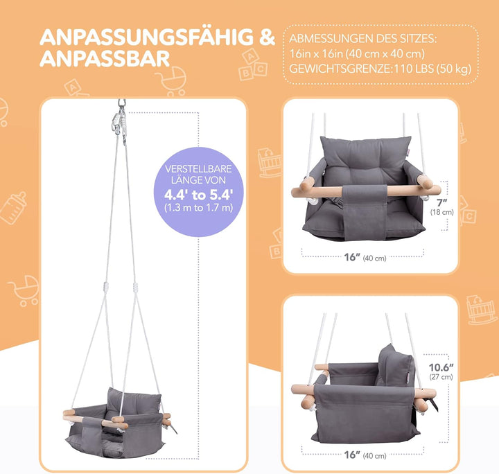 Cateam Canvas Babyschaukel Blau - Hängesessel aus Holz für Baby mit Sicherheitsgurt und Montageteile