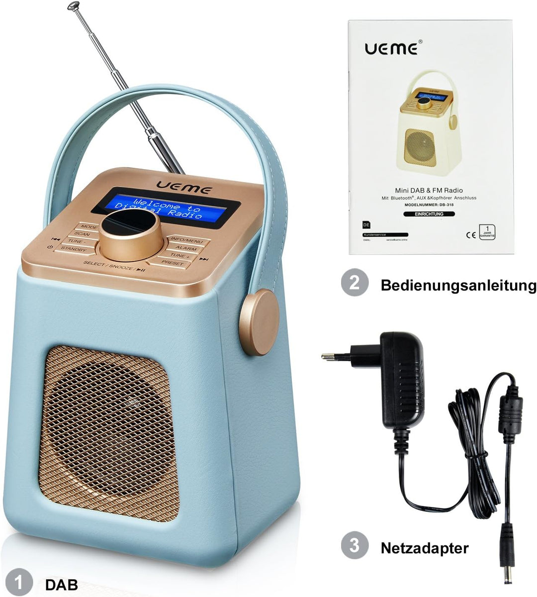 UEME Mini DAB+ DAB Digitalradio und UKW Radio mit Bluetooth Lautsprecher, Radiowecker, und Leder Ver
