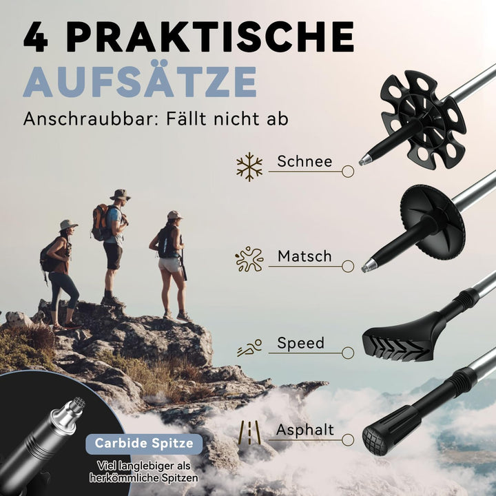 DOBESTS Wanderstöcke, Nordic Walking Stöcke Aluminium, mit extra Gummipuffer und Tragebeutel, Faltba