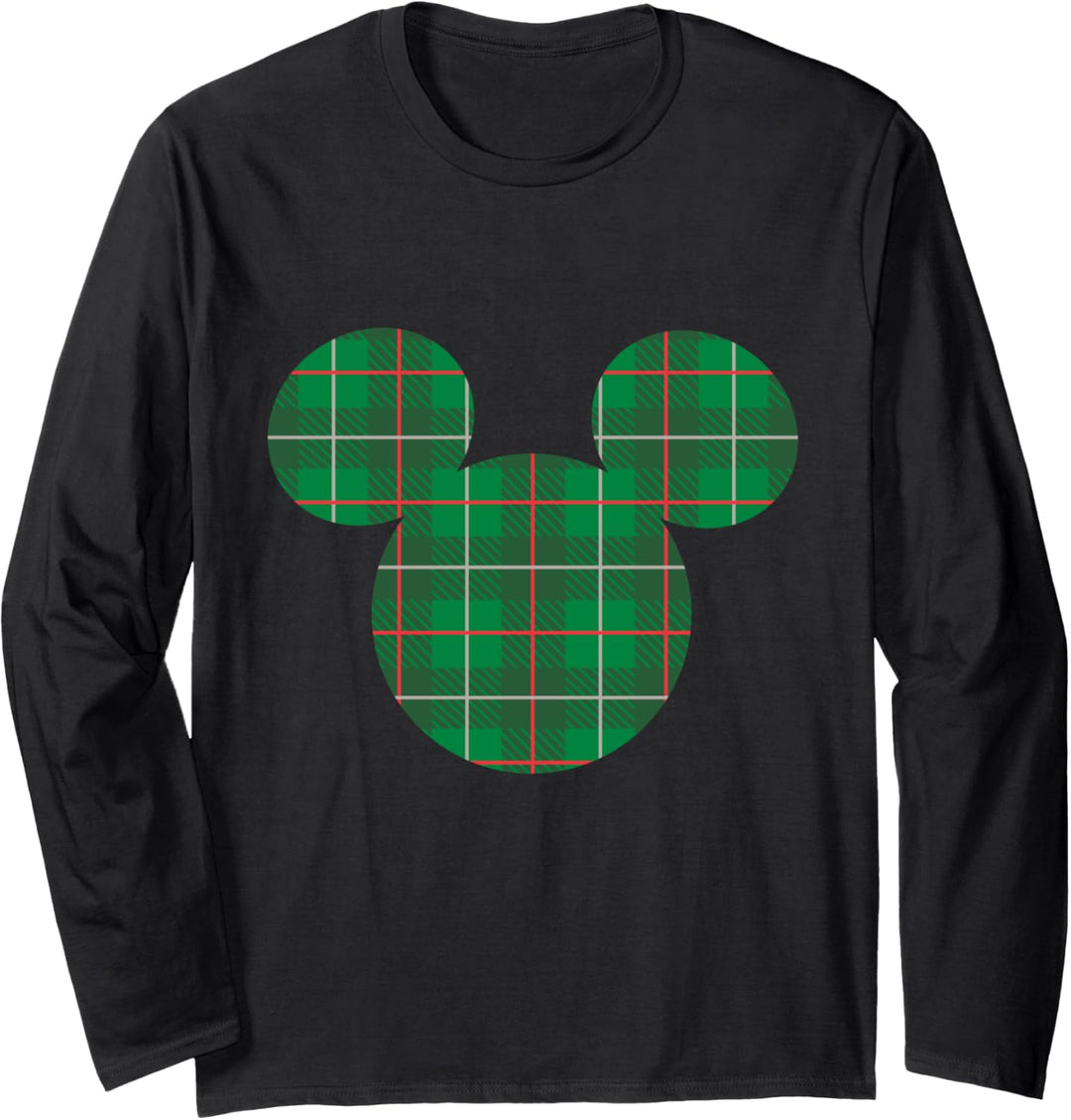 Disney Mickey Mouse Icon Green and Red Holiday Plaid Langarmshirt