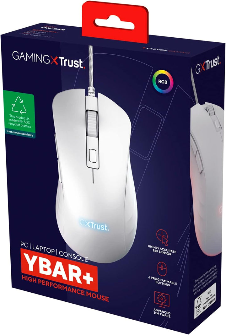 Trust Gaming GXT 924W Ybar+ Kabelgebundene Gaming Maus, 25600 DPI, 50% Recycelten Materialien, 6 Pro
