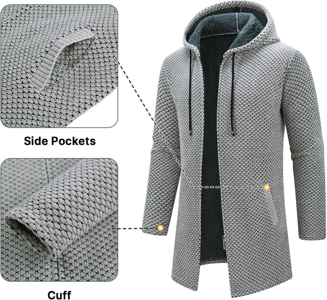 KUDORO Strickjacke Herren Cardigan Lang Trachtenjacke Kapuze mit Kapuze Gestrickt Pullover Hoodie Wi