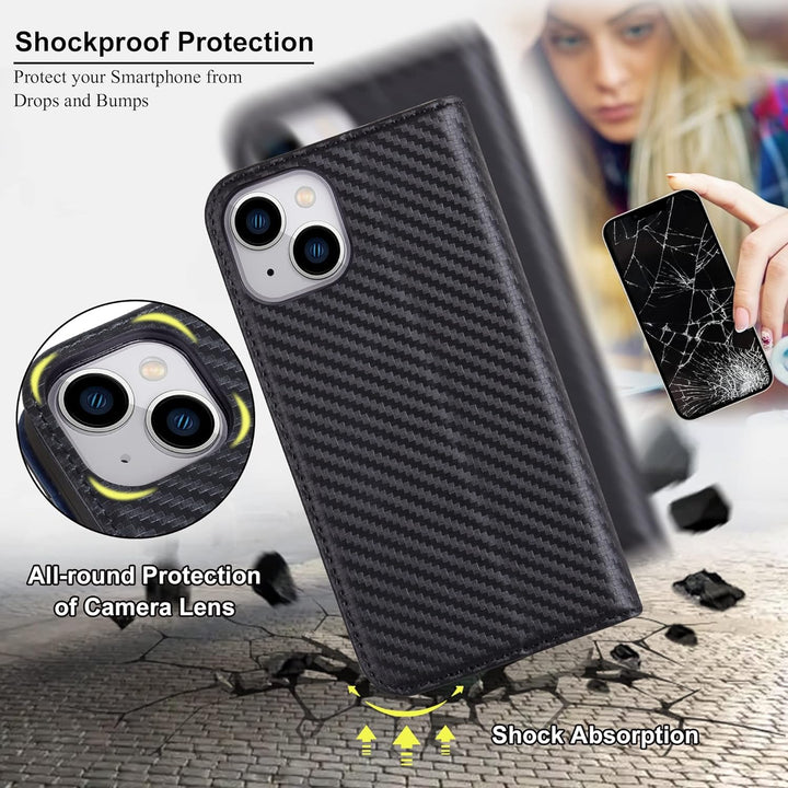 VISOUL iPhone 14 Plus Hülle, Handyhülle [100% Carbon Leder] [RFID Schutz] [Schützt vor Stoss] [Stand