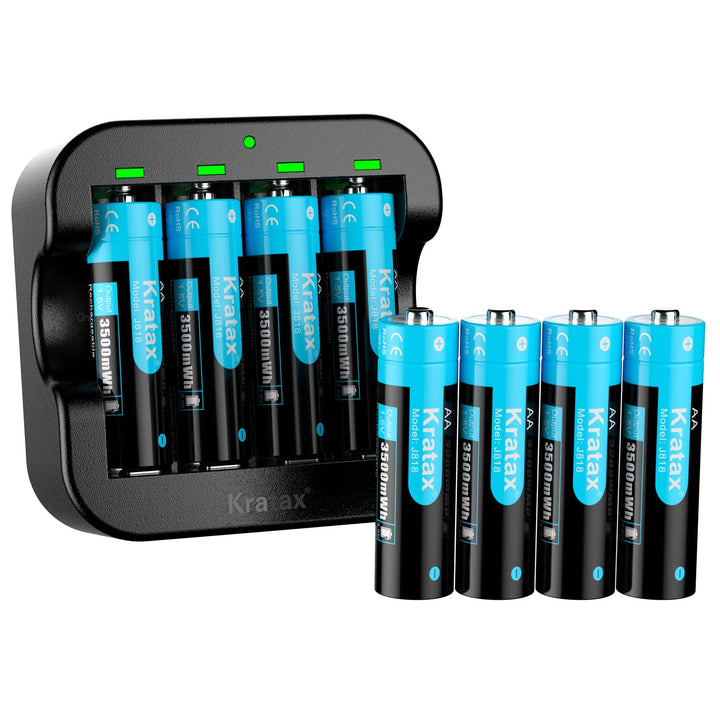 Kratax Wiederaufladbare 1,5V AA Lithium Batterien, 1600 Zyklen, für Überwachungskamera Xbox Controll