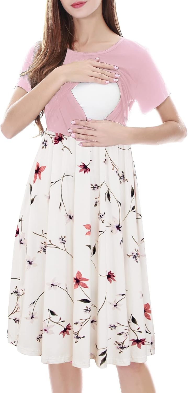 Smallshow Damen Lässiges Kurzarm Stillkleid Umstandskleid für Stillen Rosa-svp033 S, Rosa-svp033 S