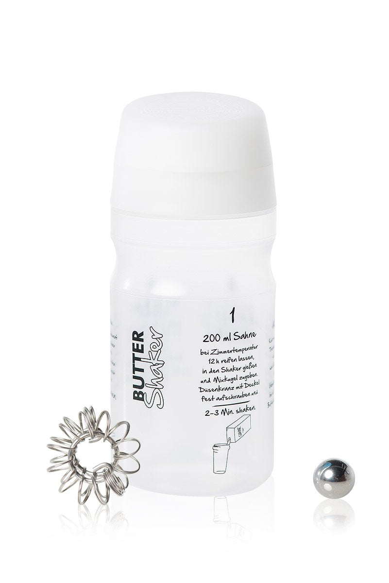 Butter machen mit dem 325ml-Butter & Sahne-Shaker (WEISS) mit Butterungskugel und Aufschäumer