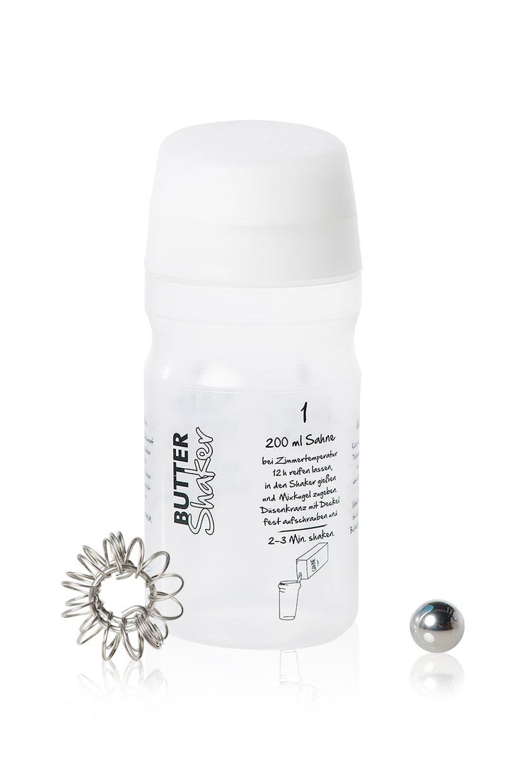 Butter machen mit dem 325ml-Butter & Sahne-Shaker (WEISS) mit Butterungskugel und Aufschäumer