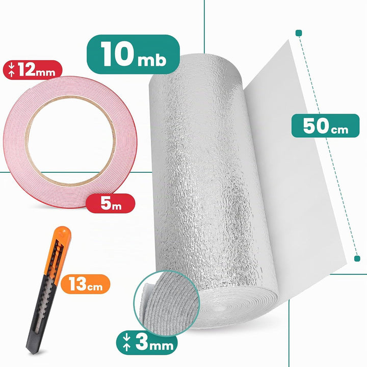 Heizkörper Reflexionsfolie 10m x 0,5m x 3mm | Selbstklebend Alufolie Isoliermatte Dämmung Isolierfol