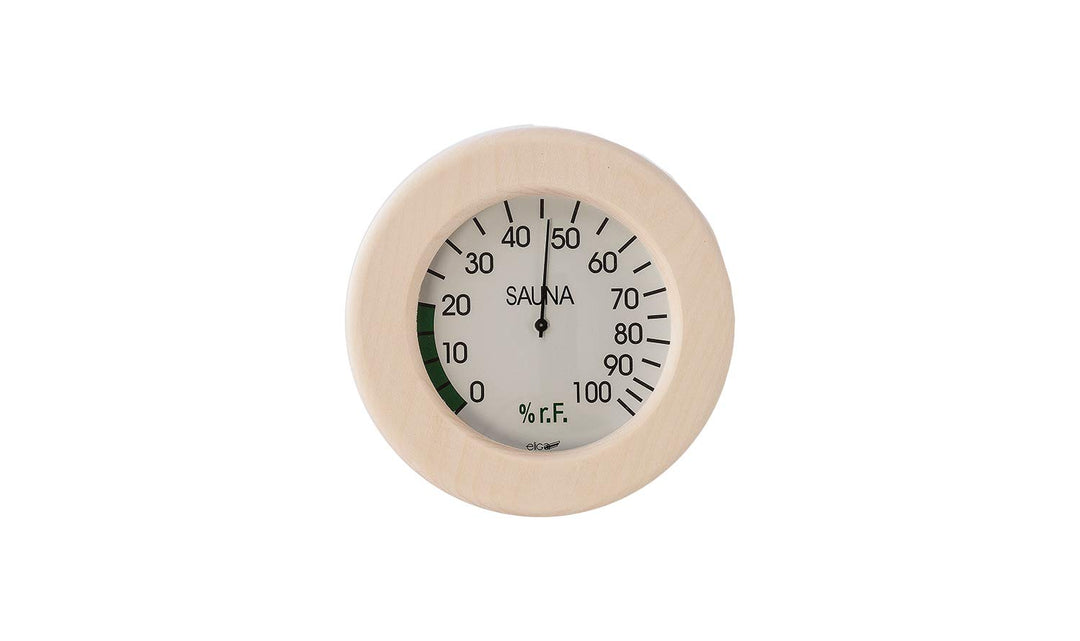 eliga Hygrometer weiss 120 mm im Holzrahmen rund 155 mm für Sauna, im Holzrahmen