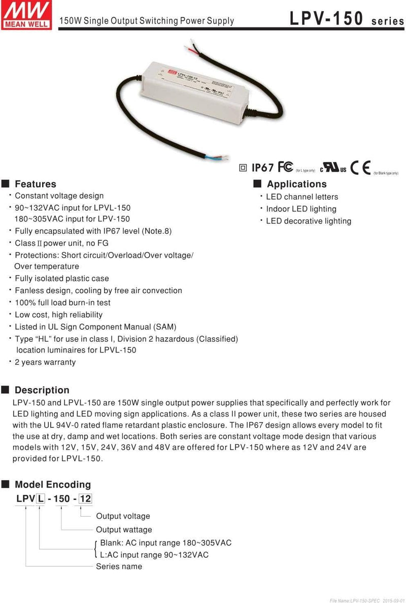 lpv-150 – 24 150 W 24 V 6.3 A, Mean Well, wasserdichte LED Ändern die Stromversorgung, Converter für