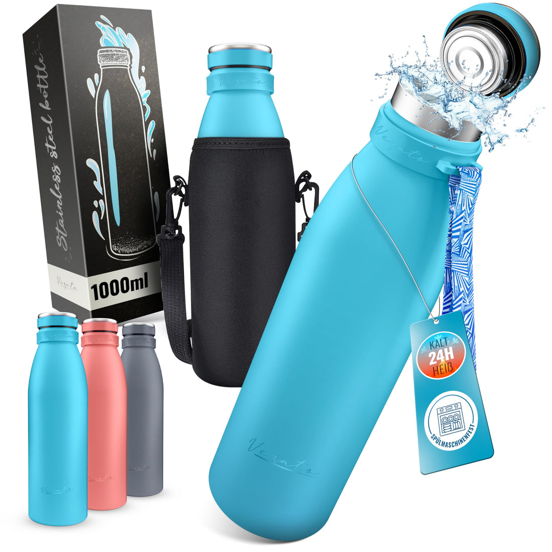 Vezato Trinkflasche Edelstahl - BPA-freie Isolierflasche 1 Liter - Auslaufsichere Wasserflasche mit