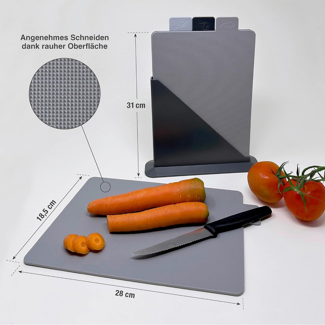 Schneidebrett Kunststoff 3er Set mit Ständer grau, drei Hackbretter spülmaschinenfest (je 28x18,5 cm